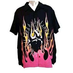 NWT Ed Hardy Tattoo Flames Heart Y2K  Short Sleeve Button Shirt Men's Size‎ L